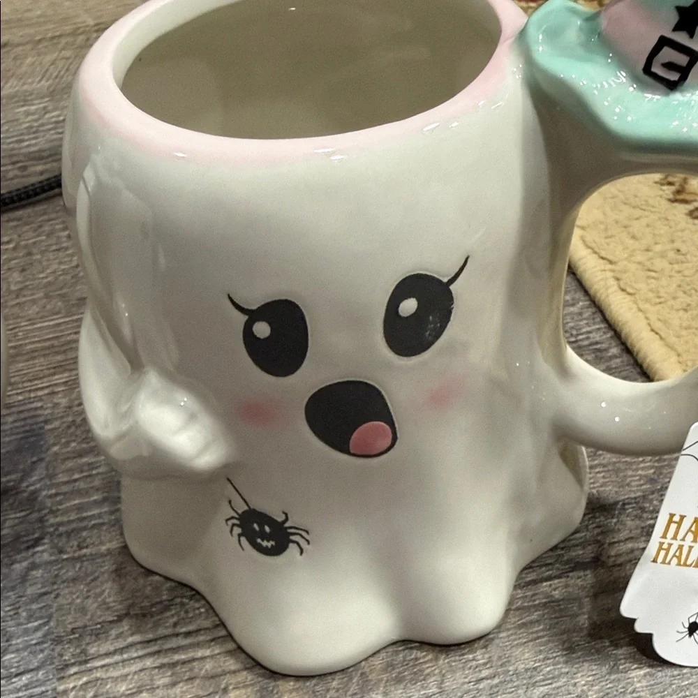 2 Ghost Shaped Mugs with Witch Hat Handles